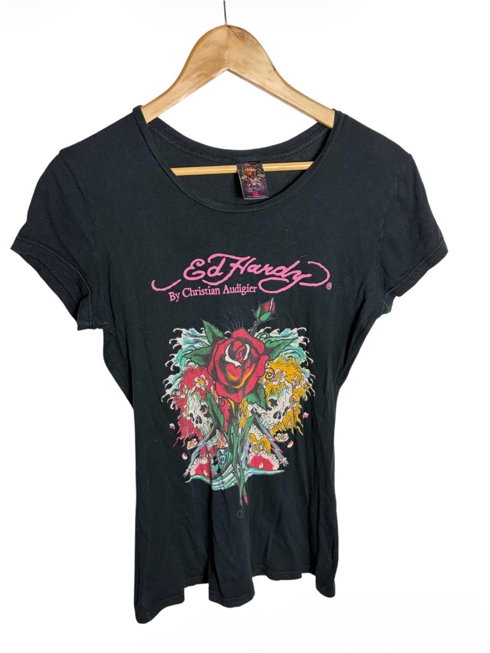 Ed Hardy Y2K black rose & skull graphic T shirt size M
